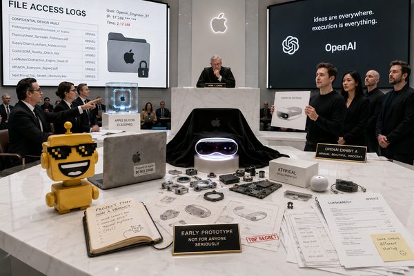 SiliconSnark robot watches Apple and OpenAI argue over a laptop, prototype parts, and AI hardware plans in court.
