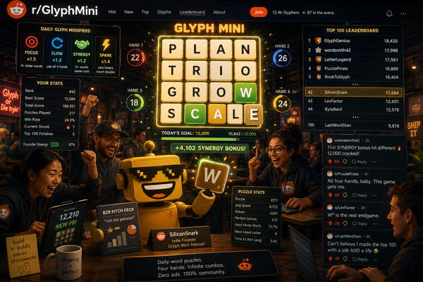 Surreal illustration of a Reddit-inspired Glyph Mini word puzzle arena where the SiliconSnark robot celebrates with a winning letter tile