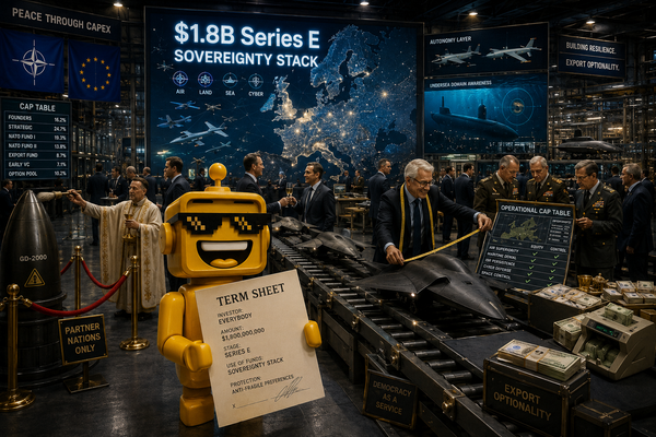 SiliconSnark robot watches investors and military officials inspect autonomous drones in a lavish European defense AI command hall.