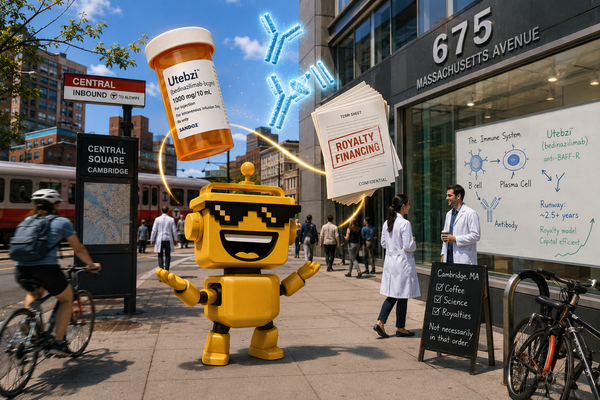 SiliconSnark robot outside a Cambridge biotech office juggling an antibiotic bottle, antibodies, and financing papers.