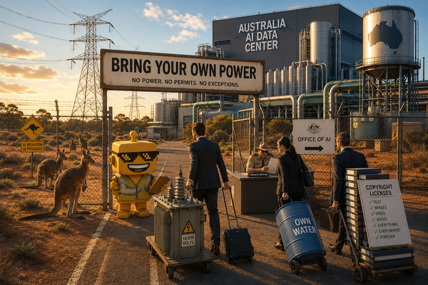 SiliconSnark robot inspects AI executives bringing power equipment and water to a giant Australian data center.