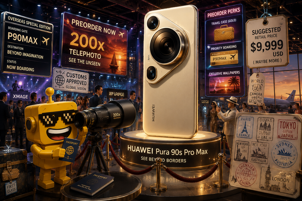 SiliconSnark's mustard-yellow robot reacts to Huawei's Pura 90s Pro Max at a glossy launch filled with travel and camera gags.