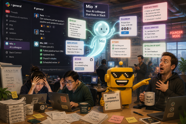SiliconSnark robot watches an AI helper organize Slack messages, tickets, and meeting notes inside a chaotic startup office.