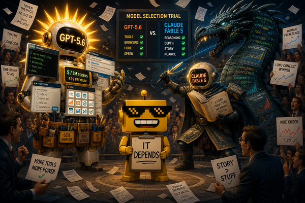 SiliconSnark robot referees GPT-5.6 and Fable 5 battling with tools, code, benchmarks, and invoices.