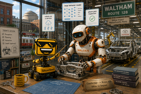Mustard-yellow SiliconSnark robot teaches a wheeled factory robot beside a Cambridge lab and Boston manufacturing floor.