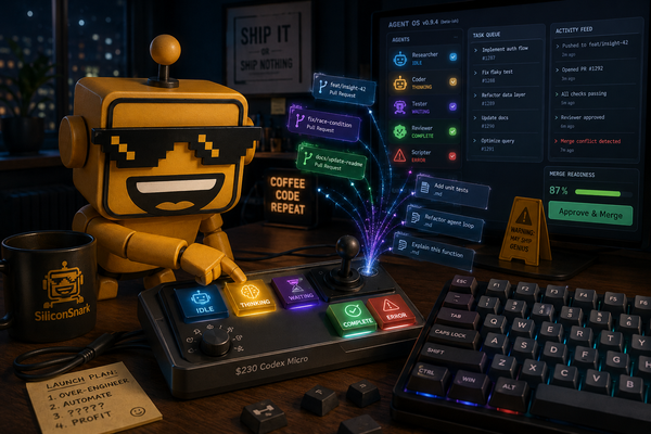 SiliconSnark robot supervises glowing AI-agent controls beside a mechanical keyboard.