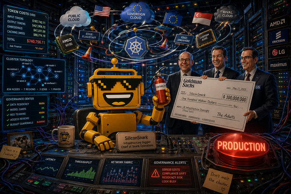 Mustard-yellow SiliconSnark robot manages a chaotic AI infrastructure control room while holding a $100 million funding check.