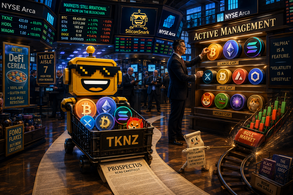 SiliconSnark robot pushes a cart of crypto tokens beneath a TKNZ trading board.
