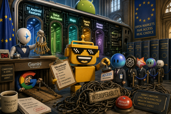 SiliconSnark robot inspects rival AI assistants entering an Android phone under EU competition rules.