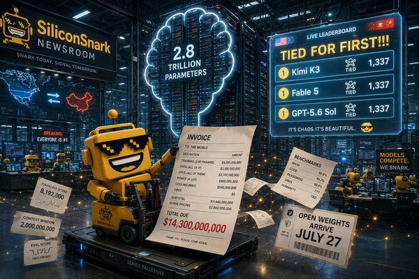 SiliconSnark robot examines a huge AI server rack, leaderboard, and oversized invoice.