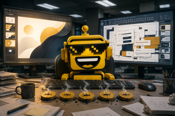 SiliconSnark robot mascot at a cluttered office desk between two presentation screens