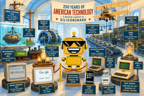 Bright, whimsical illustration of a grand museum celebrating 250 years of American technology, where the mustard-yellow SiliconSnark robot stands among iconic inventions