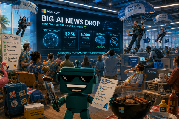 SiliconSnark robot watches Microsoft drop an enterprise AI transformation army into a holiday-weekend war room.