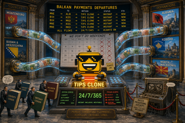 SiliconSnark robot routes instant payments through a Balkan central-bank settlement hub.