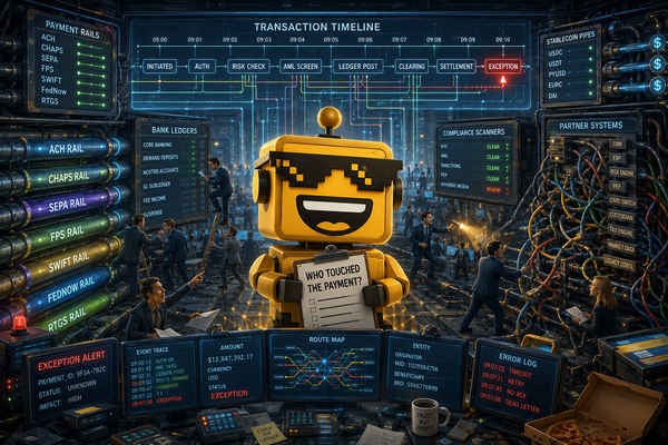 SiliconSnark robot monitors payment rails and a transaction timeline in a fintech control room.