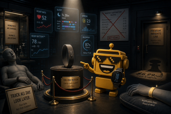 SiliconSnark’s mustard-yellow robot examines Garmin’s screenless CIRQA fitness band in a glowing wellness lab.