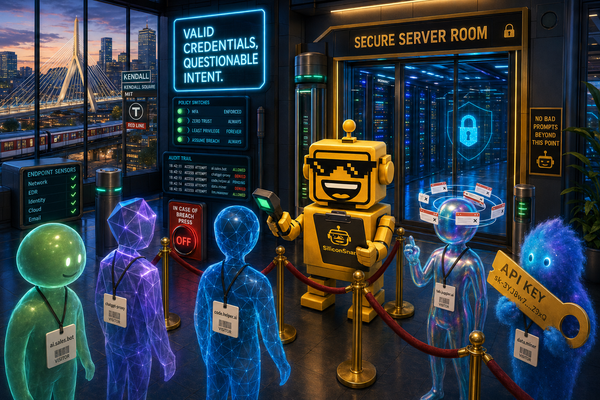 SiliconSnark robot checks AI agents at a Boston server-room security gate.