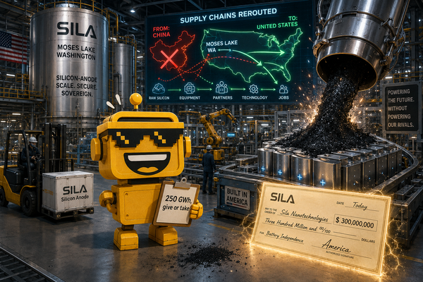 SiliconSnark robot reacts to a giant silicon-anode battery factory and a $300 million funding check.