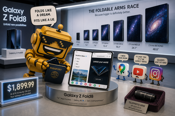 SiliconSnark robot examines an open Galaxy Z Fold8 shaped like a passport in a polished tech showroom.