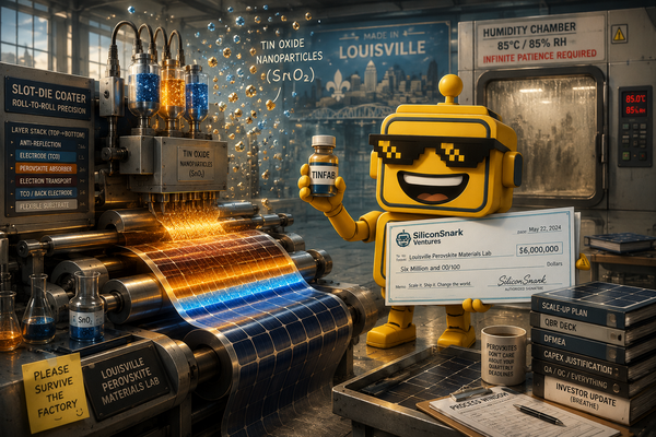 SiliconSnark robot holds a bottle of Tinfab beside a slot-die machine coating perovskite solar material.