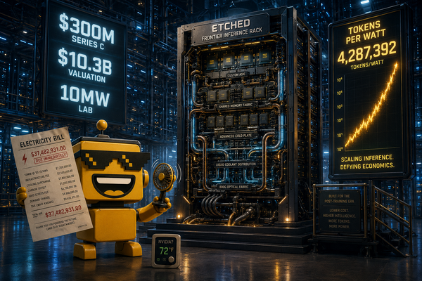  SiliconSnark robot reacts to an Etched AI inference rack, cooling system, and giant electricity bill.