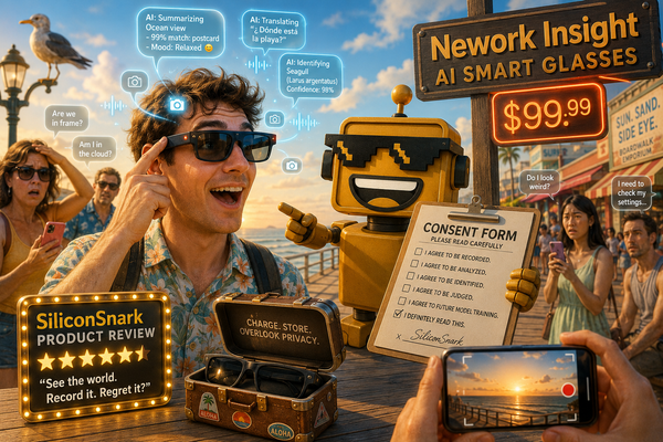 SiliconSnark robot holds a consent form beside a tourist wearing camera-equipped AI glasses on a sunny boardwalk.