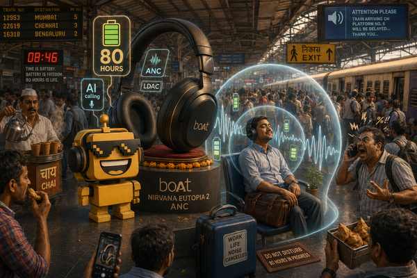 SiliconSnark robot tests boAt headphones inside a quiet noise-canceling bubble at a busy train station.