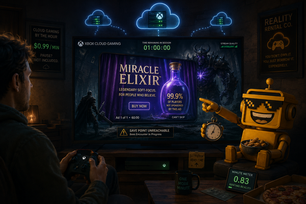 SiliconSnark robot watches an Xbox cloud game behind a pre-roll ad and one-hour timer.