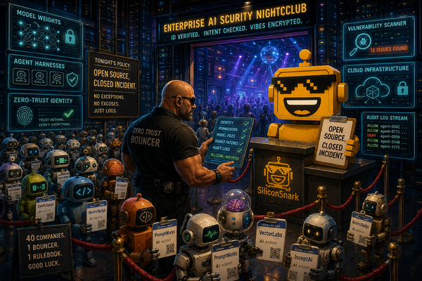 SiliconSnark robot checks AI agents and security tools at an open-source enterprise nightclub.