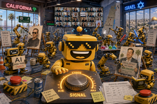 SiliconSnark robot adjusts a giant volume knob while AI robot arms paint, mix flasks, and duel in a hangar.