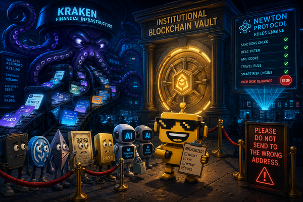 SiliconSnark robot checks crypto wallets and transaction rules outside a glowing blockchain vault.