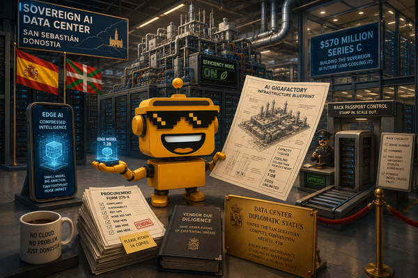 robot compares a tiny compressed AI model with a huge sovereign data center blueprint.