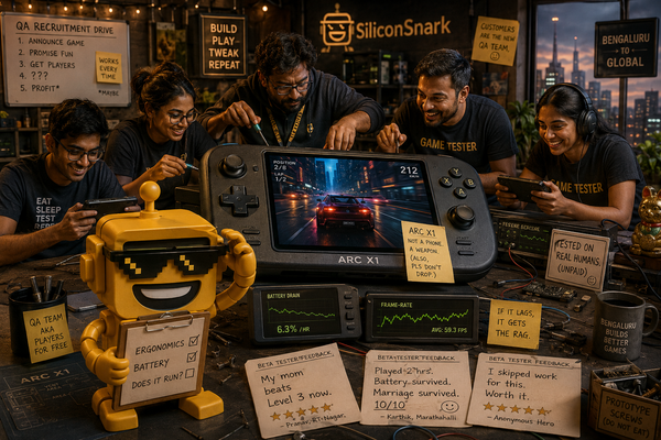 SiliconSnark robot supervises beta testers evaluating ARC’s X1 gaming handheld in an Indian gaming lab.