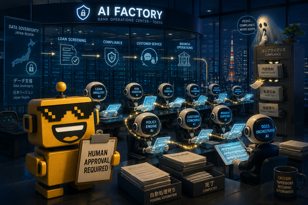 SiliconSnark robot watches specialized AI agents process bank documents in a glowing Japanese control room.