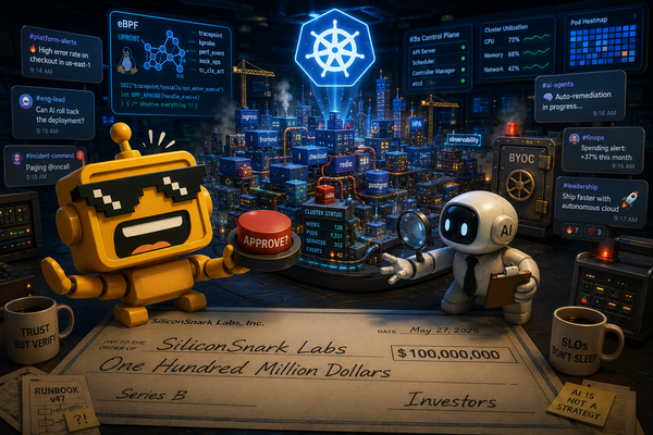 robot guards an approval button while an AI agent investigates a glowing Kubernetes city in a cloud operations room.