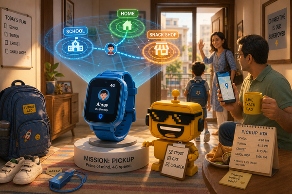 SiliconSnark robot supervises a child’s GPS smartwatch projecting home and school safety zones.
