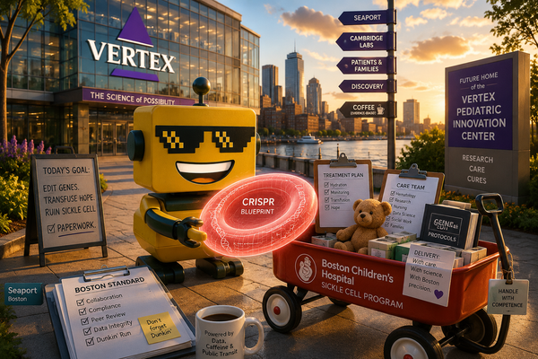 SiliconSnark robot outside Vertex in Boston presenting a glowing CRISPR plan beside a pediatric treatment wagon.
