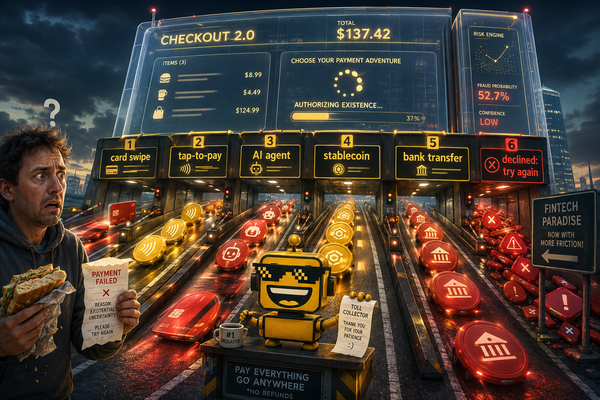 SiliconSnark robot collects payment tokens on a surreal highway beside a declined sandwich purchase.