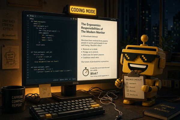 SiliconSnark robot supervises a coding monitor showing code, paper mode, and a blink reminder.