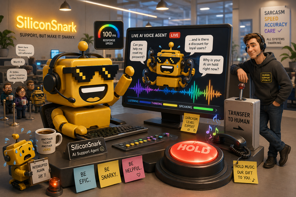 SiliconSnark robot supervises a fast AI voice agent in a customer-support call center.
