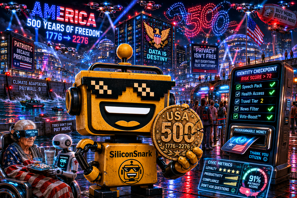 SiliconSnark robot watches America's 500th birthday celebration beside seawalls, drones, dashboards, and data centers.