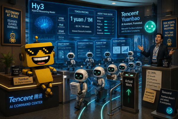 SiliconSnark's robot watches Tencent's Hy3 assistant become a digital office coworker in a futuristic control room.