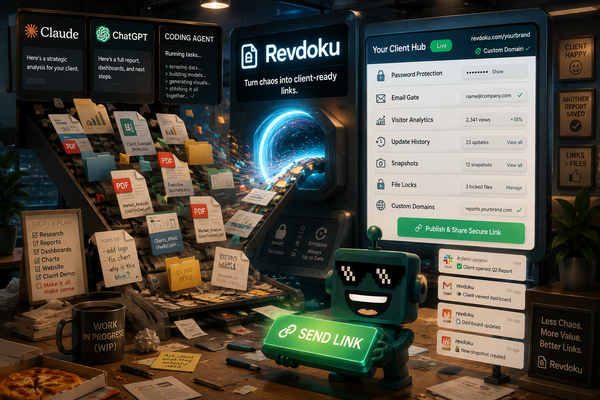 SiliconSnark's robot reviews Revdoku as AI-generated reports, dashboards, PDFs, and websites become trackable client links.