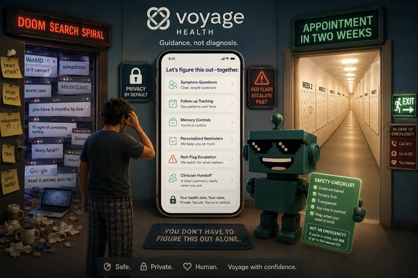 SiliconSnark's robot reviews Voyage Health beside an AI health app showing symptom guidance, privacy controls, and escalation alerts.