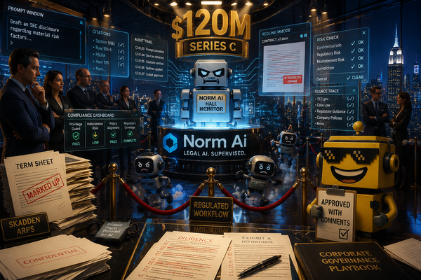 SiliconSnark robot watches a legal AI control room where compliance agents audit rogue chatbots after Norm Ai's funding round.