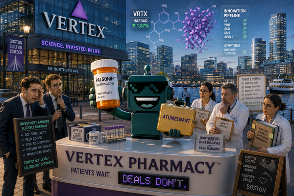 SiliconSnark robot outside Vertex in Boston juggling a giant biotech deal with drug assets and deal papers.