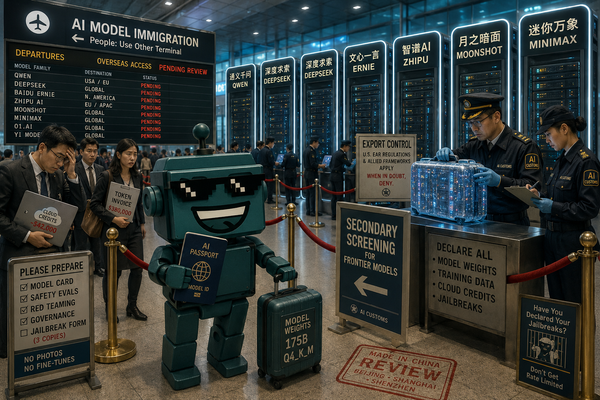 SiliconSnark’s robot stands in an airport-style customs line for Chinese AI models and server racks.