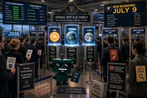 SiliconSnark robot watches GPT-5.6 go through an airport-style government launch checkpoint.