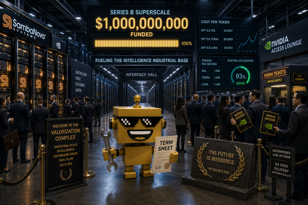  SiliconSnark robot stands in an AI data center as investors fund SambaNova's billion-dollar inference expansion.