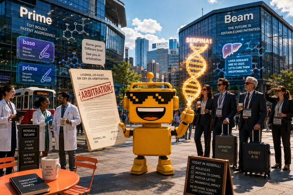 Mustard-yellow SiliconSnark robot in Kendall Square between Prime and Beam with a gene-editing legal ruling.
